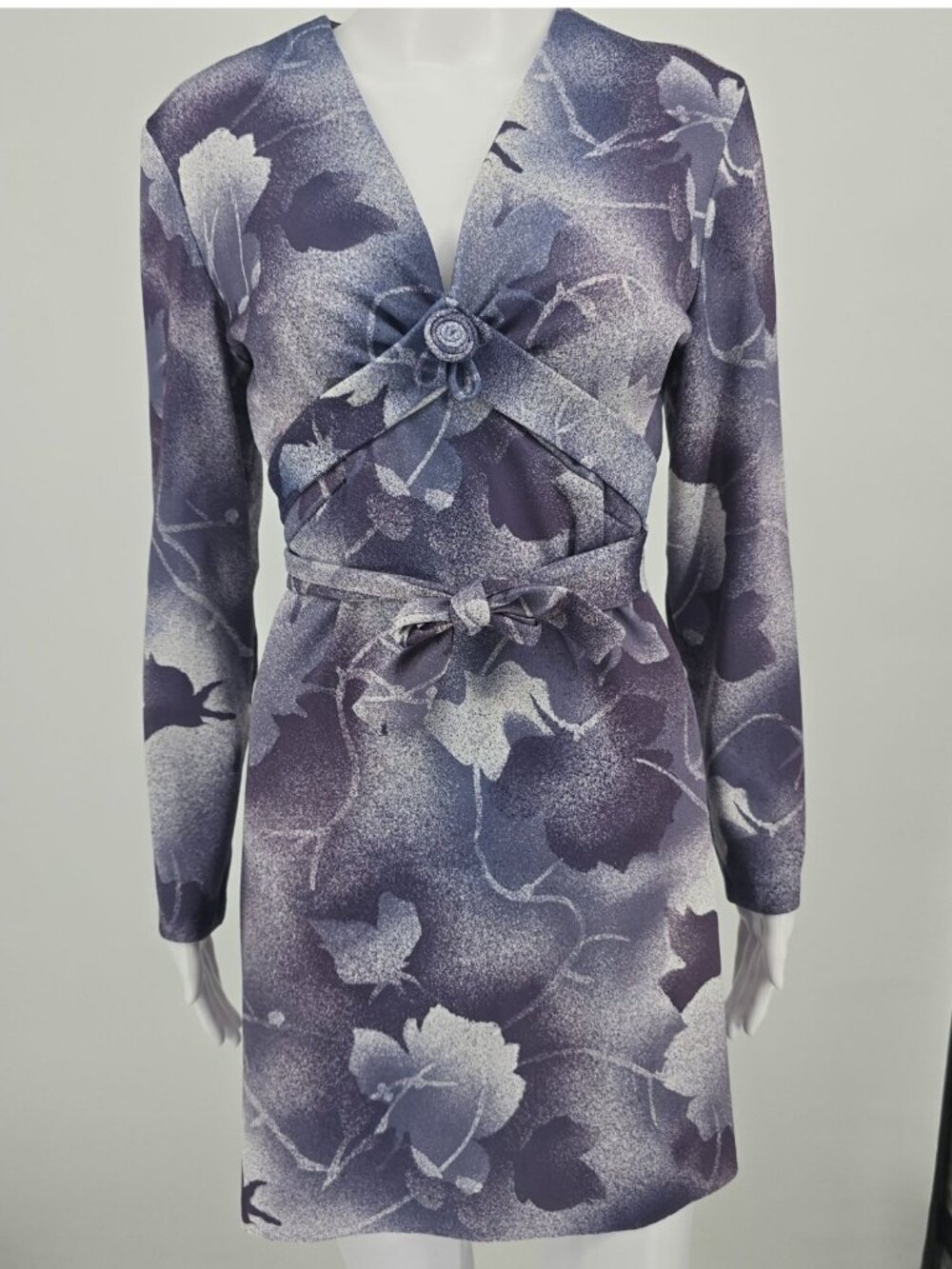 Vintage 1970s Purple Airbrushed Floral Pattern Long Sleeve Mini Dress (M)